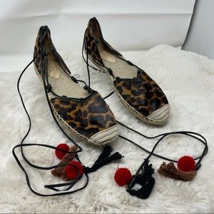 Schutz Espadrille Leopard Calf Hair Lace Up Tassel Boho Flats Size 9B